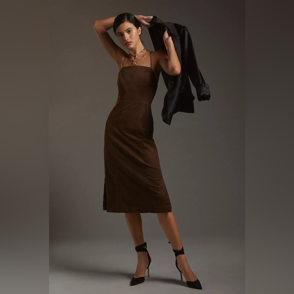 By Anthropologie Strappy Faux Suede Midi Slip Column Dress Sz 6 brown chocolate